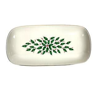 Lenox Holiday Dimension Holly Berries Gold Rim 14.5" x 7" Rectangular Bread Tray
